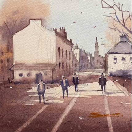 Peinture Winter in city II par Dandapat Swarup | Tableau Figuratif Aquarelle Paysages, Scènes de vie, Urbain