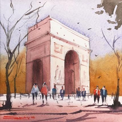 Pintura Arc de Triomphe, afternoon scene por Dandapat Swarup | Pintura Figurative Watercolor Urban