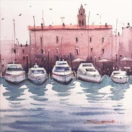 Pintura Venice boats por Dandapat Swarup | Pintura Figurative Watercolor Marine