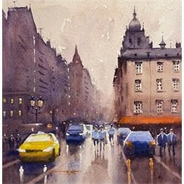 Pintura Rain in the city por Dandapat Swarup | Pintura Figurative Watercolor Landscapes, Life style, Urban