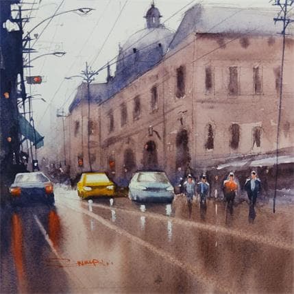 Peinture Rain in the city 2 par Dandapat Swarup | Tableau Figuratif Aquarelle Urbain