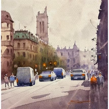 Peinture Rue de Rivoli, Paris par Dandapat Swarup | Tableau Figuratif Aquarelle Paysages, Scènes de vie, Urbain