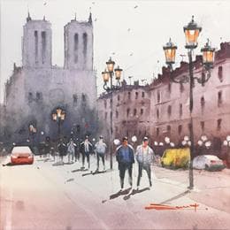 Pintura Notre-Dame de Paris por Dandapat Swarup | Pintura Figurative Watercolor Urban
