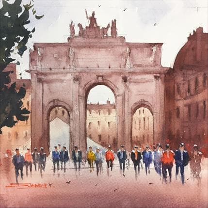 Gemälde In front of Louvre von Dandapat Swarup | Gemälde Figurativ Aquarell Urban