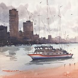 Pintura Sailing with birds por Dandapat Swarup | Pintura Figurative Watercolor Marine