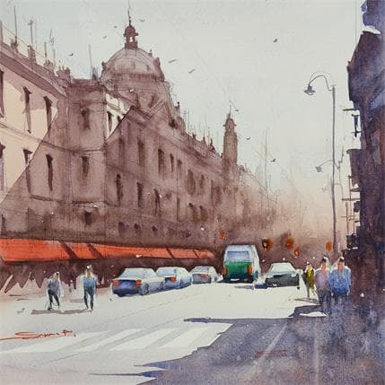 Peinture Morning lights 3 par Dandapat Swarup | Tableau Figuratif Aquarelle Urbain