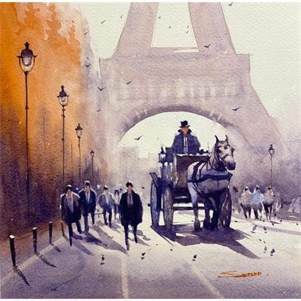 Peinture A winter morning par Dandapat Swarup | Tableau Figuratif Aquarelle Paysages, Scènes de vie, Urbain