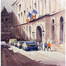 Pintura City lights por Dandapat Swarup | Pintura Figurative Watercolor Landscapes, Life style, Urban