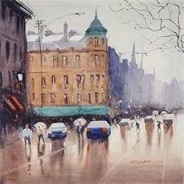Pintura Rain in the city 3 por Dandapat Swarup | Pintura Figurative Watercolor Urban