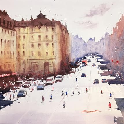 Peinture Avenue de l'Opéra II par Dandapat Swarup | Tableau Figuratif Aquarelle Urbain