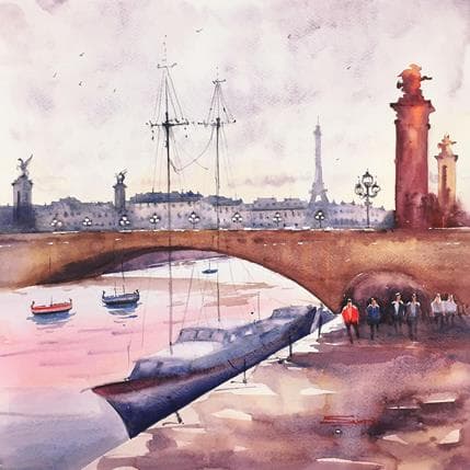 Peinture Pont Alexandre III par Dandapat Swarup | Tableau Figuratif Aquarelle Urbain