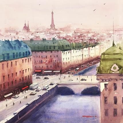 Peinture Paris in sunshine par Dandapat Swarup | Tableau Figuratif Aquarelle Urbain