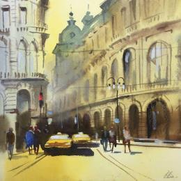 Pintura Golden hour por Khodakivskyi Vasily | Pintura Figurative Watercolor Urban