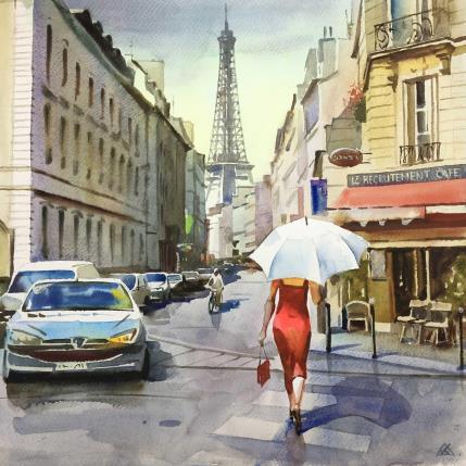 Peinture La petite robe rouge par Khodakivskyi Vasily | Tableau Figuratif Aquarelle Urbain