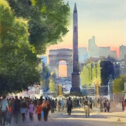 Pintura Paris s24 por Khodakivskyi Vasily | Pintura Figurative Watercolor Urban
