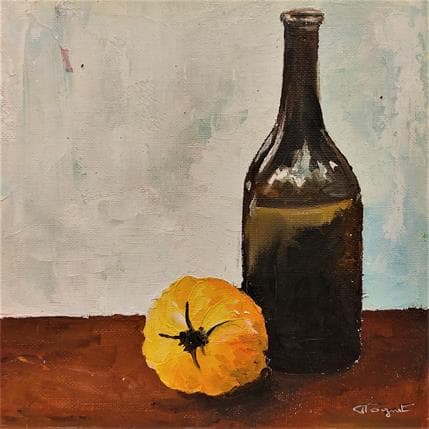 Peinture Tomate et bouteille par Tognet | Tableau Figuratif Huile Natures mortes