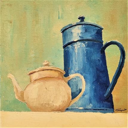 Peinture Cafetière bleu par Tognet | Tableau Figuratif Huile Natures mortes