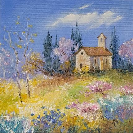 Peinture Chapelle dans les fleurs par Lyn | Tableau Figuratif Huile Paysages