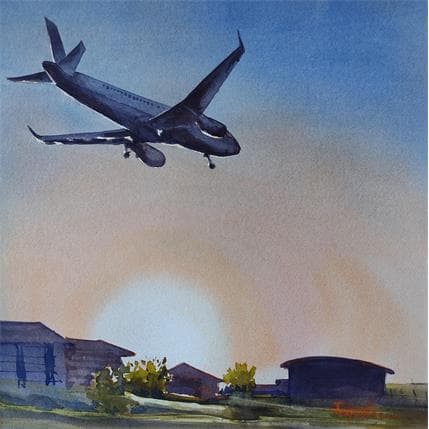 Peinture Atterrissage par Seruch Capouillez Isabelle | Tableau Figuratif Aquarelle Urbain