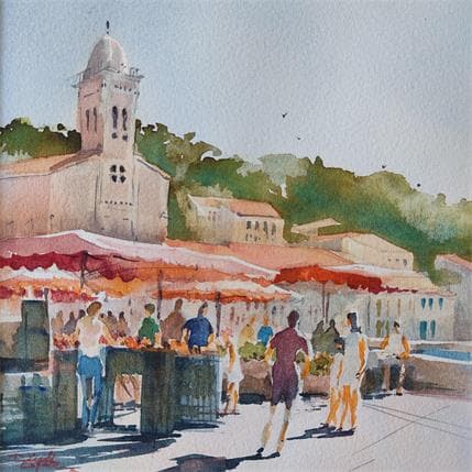 Peinture Marché Port-Vendres par Seruch Capouillez Isabelle | Tableau Figuratif Aquarelle Scènes de vie, Urbain