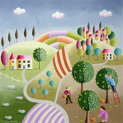 Peinture La cueillette des pommes par Davy Bouttier Elisabeth | Tableau Art naïf Huile Scènes de vie