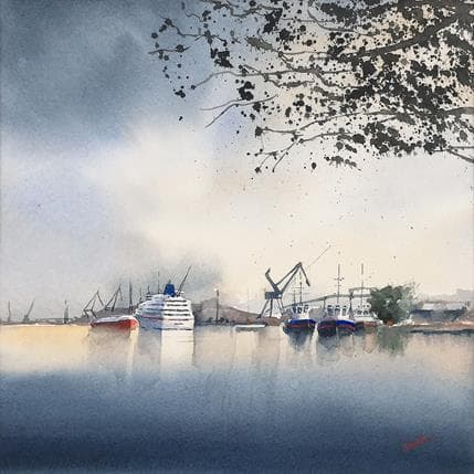 Peinture Port de Bordeaux par Min Jan | Tableau Figuratif Aquarelle Marine