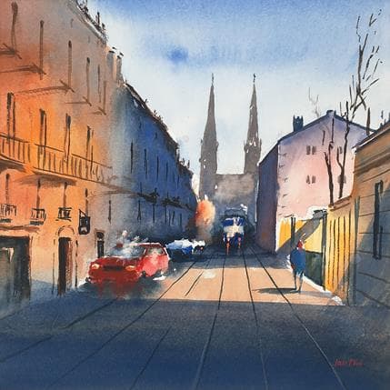 Peinture Bordeaux, streetlife par Min Jan | Tableau Figuratif Aquarelle Urbain