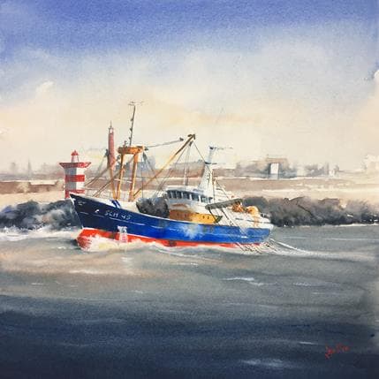 Peinture Fishing trawler at Scheveningen par Min Jan | Tableau Figuratif Aquarelle Marine
