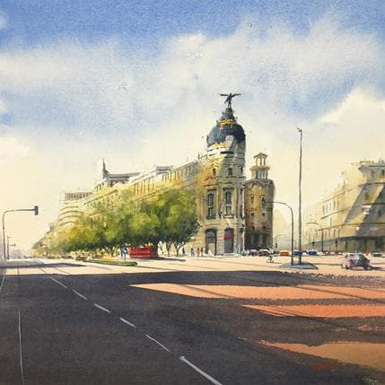 Peinture Red tram par Min Jan | Tableau Figuratif Aquarelle Urbain