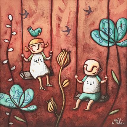 Peinture Elle + Lui par Catoni Melina | Tableau Art naïf Acrylique Animaux, Scènes de vie