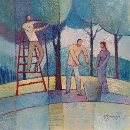 Peinture AL35 CUEILLETTE BLEUE par Burgi Roger | Tableau Figuratif Acrylique scènes de vie