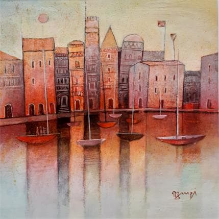 Peinture AK129 LA VILLE ROUGE par Burgi Roger | Tableau Figuratif Acrylique Marine, Paysages, Urbain