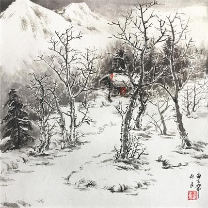Painting Family of snow mountains by Yu Huan Huan | Painting Figurative Black & White, Landscapes