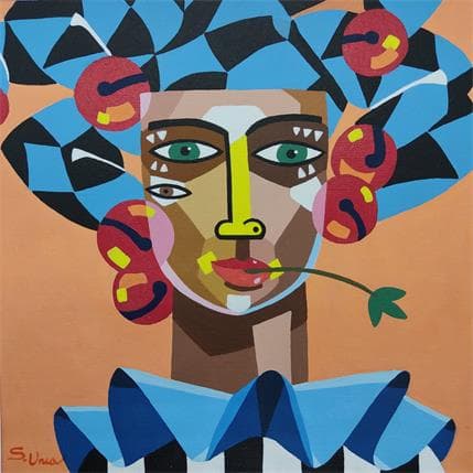 Peinture ARLEQUIN CON RAMA par S.Uria | Tableau Figuratif Acrylique Portraits