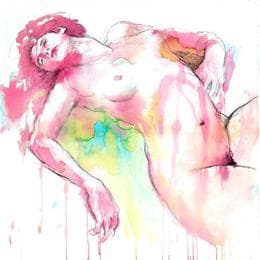 Pintura Cécile endormie por Brunel Sébastien | Pintura Figurative Watercolor Nude