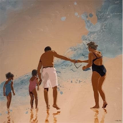 Peinture Réunion au sommet de la vague par Sand | Tableau Figuratif Acrylique Scènes de vie